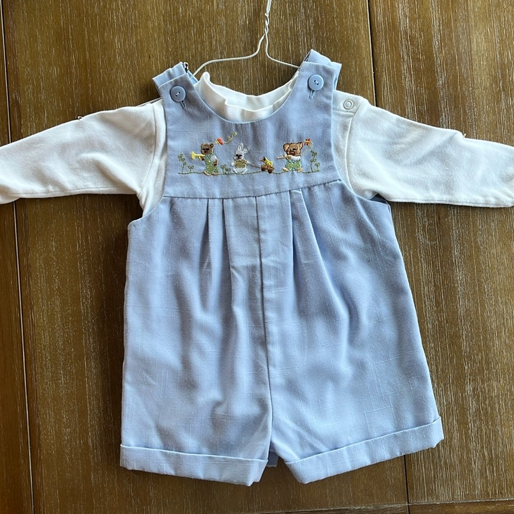 Blue Spring Animals Embroidered Strasburg Overall Set- 6 months